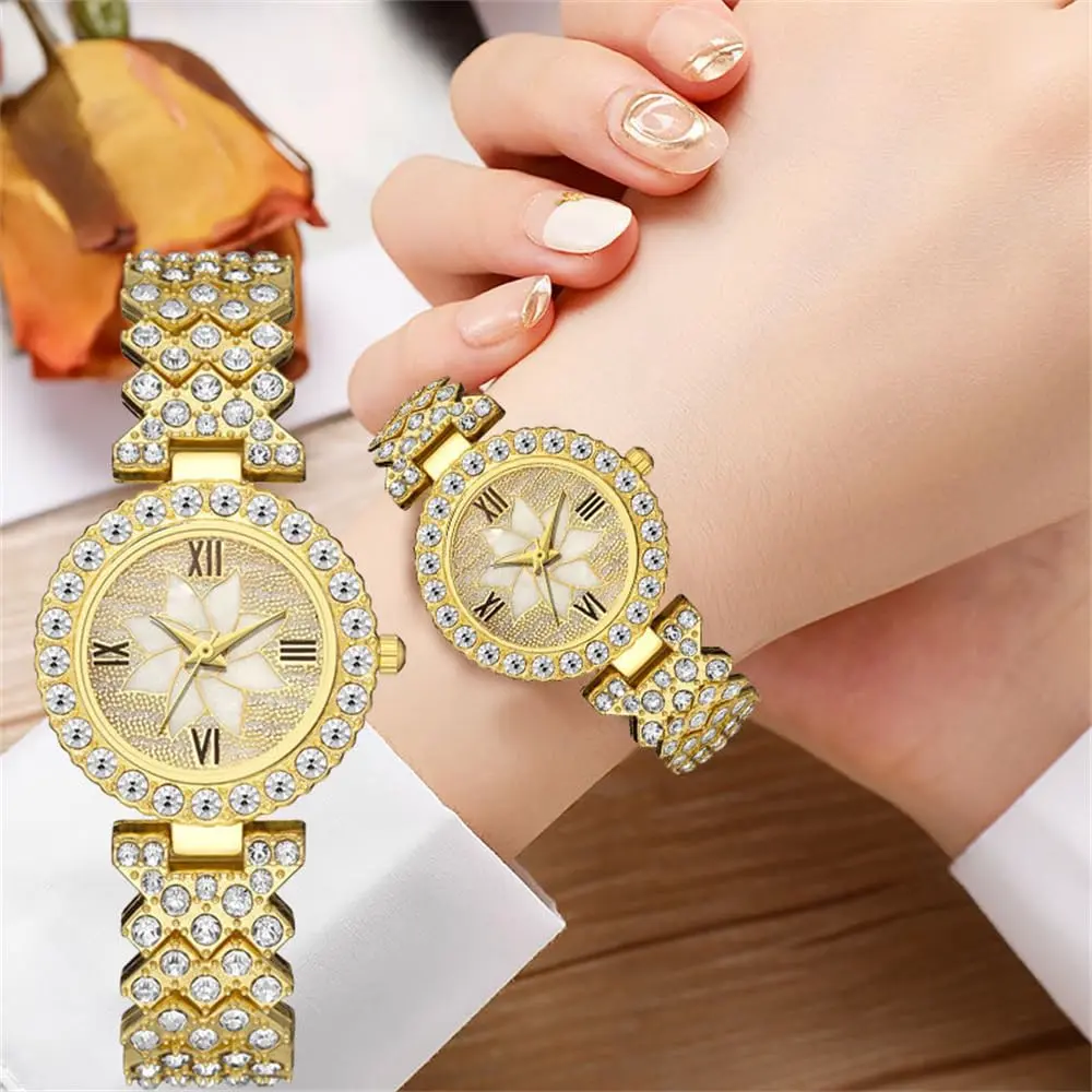 Flower design dimand analog watch for women gold colour