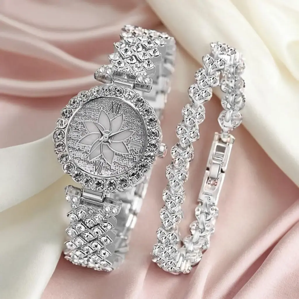 Flower design dimand analog watch for women silver
