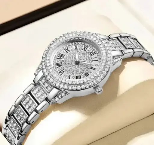 Round Dail silver diamonds analog watch for women