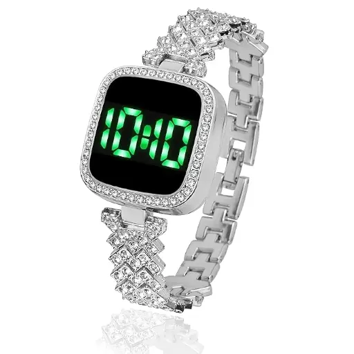 Silver square dimand design anlolg watch for women