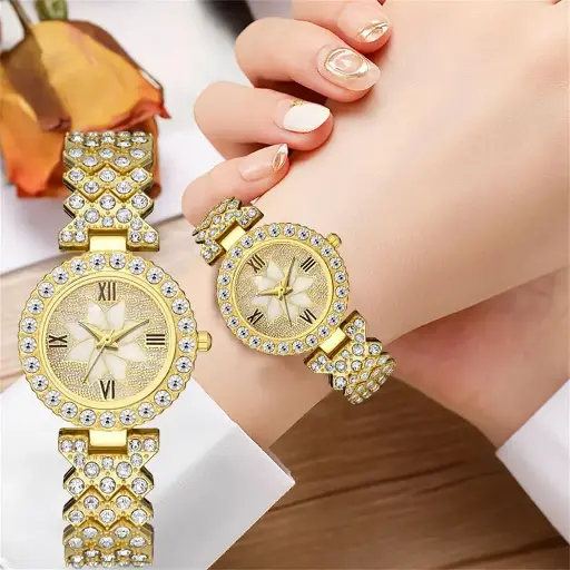 Flower design dimand analog watch for women gold colour