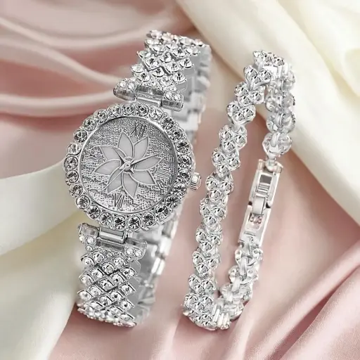 Flower design dimand analog watch for women silver